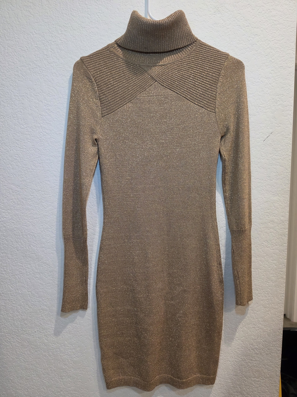 Derek Heart Metallic Knit Turtleneck Long Sleeve Dress in Tan